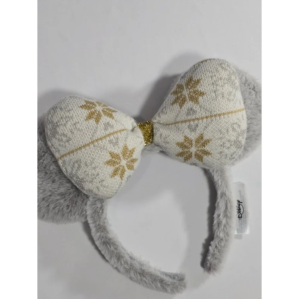 2020 Disney Christmas Winter Holiday Fuzzy Silver Gold Minnie Ears Headband - Picture 2 of 6